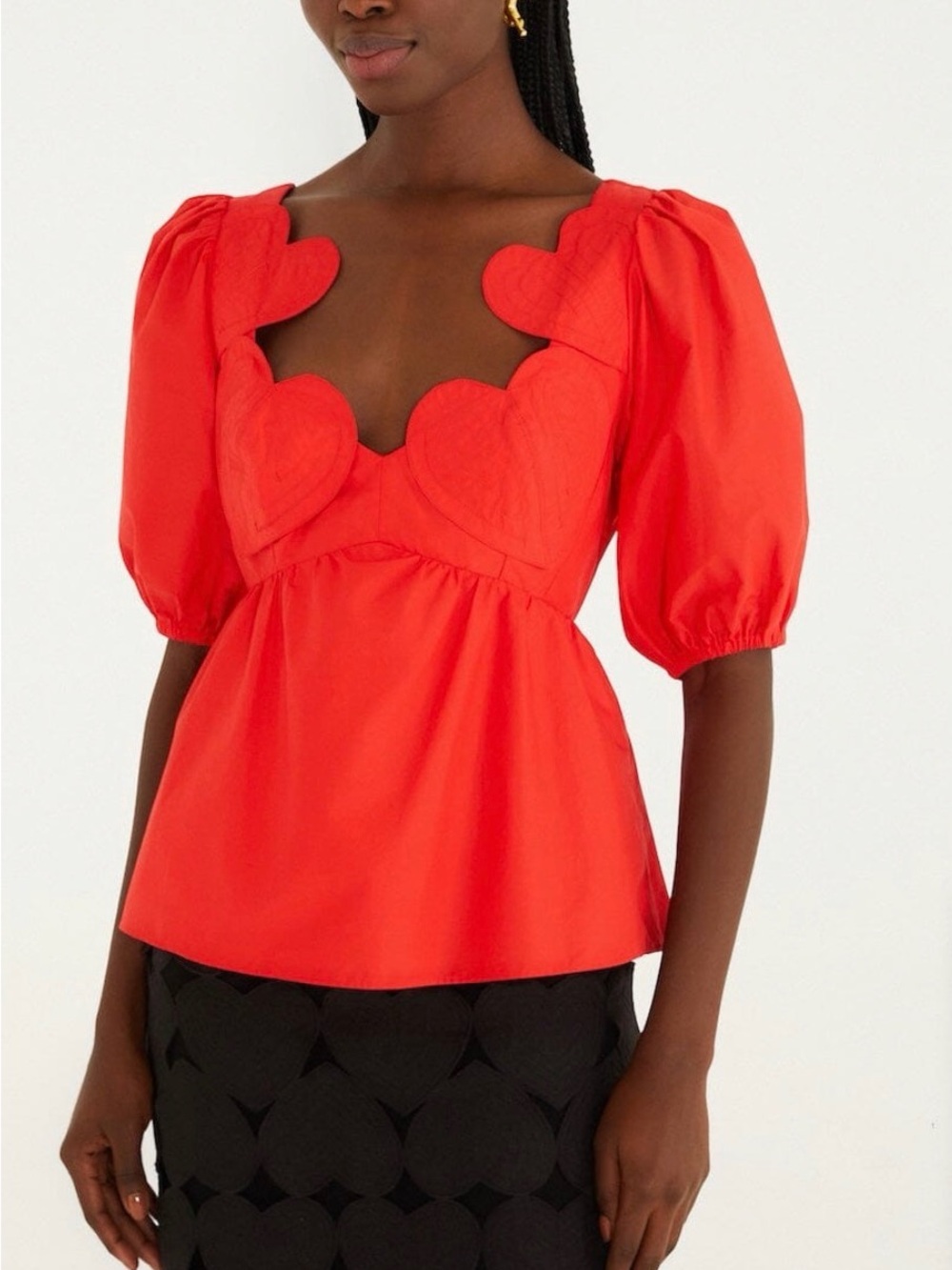 Farm Rio NWT Red Heart-Trim Puff Sleeve Top